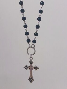 Sterling Silver Cross Pendant Necklace with Black Beads